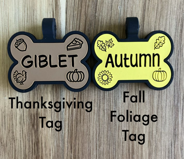 2 silicone pet ID Tags with autumn designs