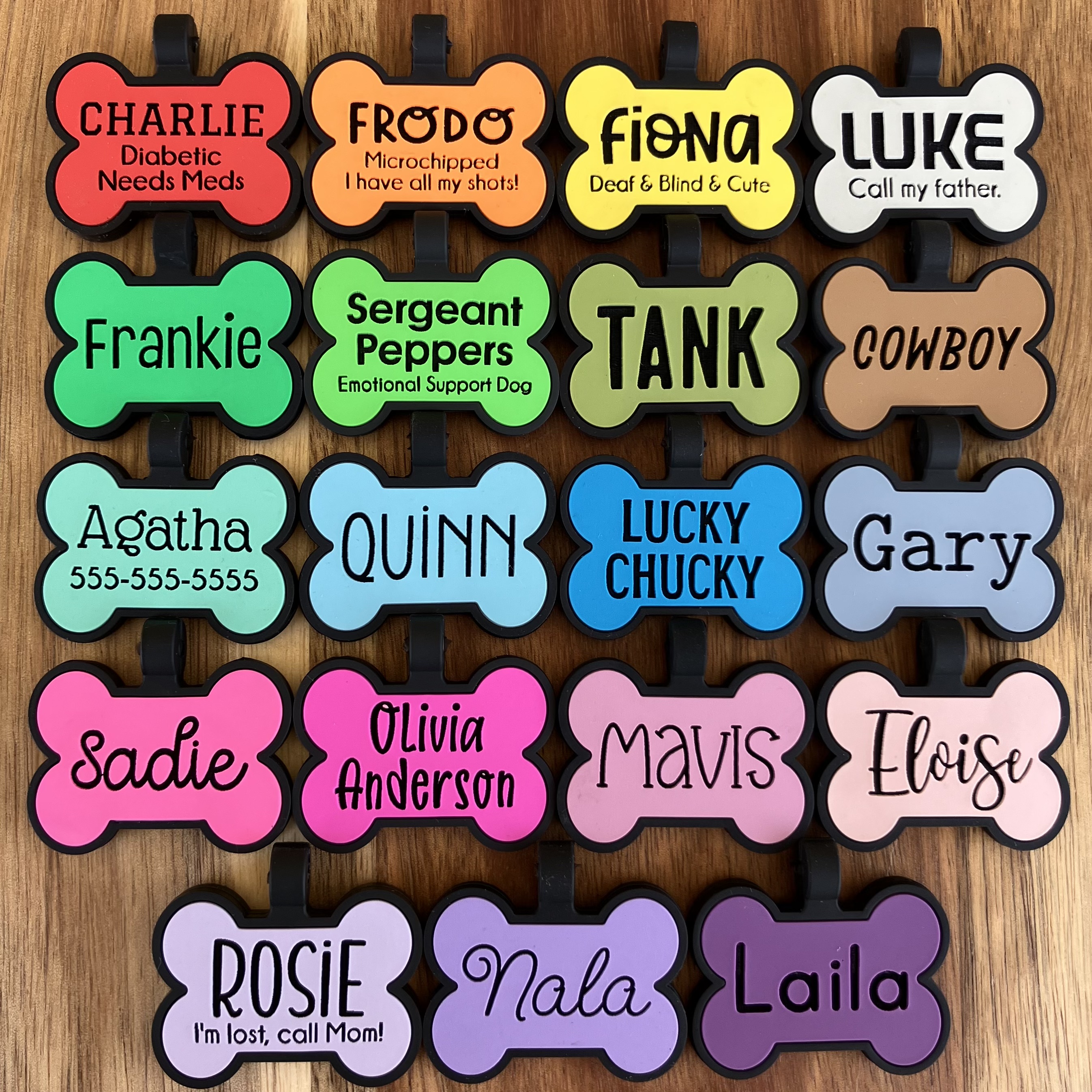 Deeply laser engraved silicone dog tags in multiple colors