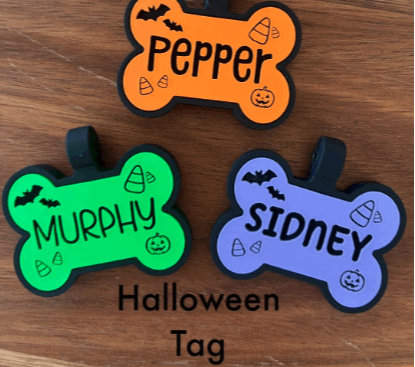3 bone shaped pet ID Tags with halloween designs and names